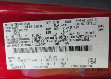 2016 Ford Escape Se z USA, uszkodzony, nr VIN 1FMCU0GX8GUC25057